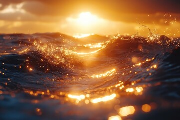 Poster - Golden sunlight reflecting on ocean waves during sunset in the atlantic, creating a beautiful, energetic and reflective marine environment