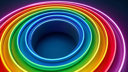 Poster - Vibrant Rainbow Spiral: A captivating close-up of a rainbow-colored spiral, meticulously formed by vivid neon tubes, radiating a luminous glow against dark ambiance