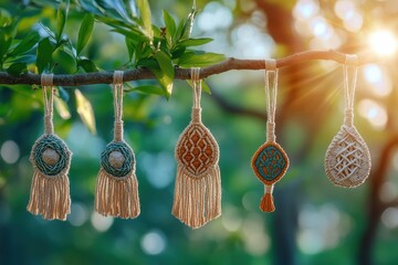 Poster - Festive christmas decorations hanging from a fir tree with two macrame ornaments and bokeh lights creating a magical holiday atmosphere