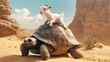 © Руслан Хайруллин - Baby goat enjoys a leisurely ride atop a giant tortoise in a sunlit desert landscape with striking contrast between speed and temperament