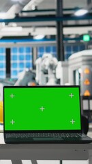 Poster - vertical video isolated chroma key screen on laptop in solar panels manufacturing plant, solar cell 