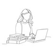 © Olena - Continuous one line drawing of a woman with laptop and books. Vector illustration