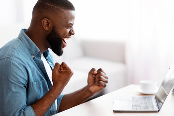 Poster - Overjoyed african american freelancer man looking at laptop and cheering success. Excited black guy sitting at desk with computer at home, raising fists and exclaiming with joy, side view, copy space