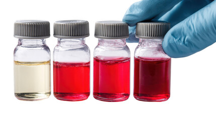 Poster - Gloved hand picking up a vial containing red liquid, alongside other vials with varying shades of red and yellow liquids, against a transparent background