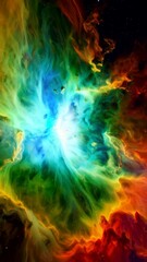 Wall Mural - Vibrant space nebula with cosmic dust clouds and bright center illuminating the celestial scene in rich tones.