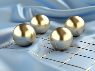 Poster - Golden sphere on pastel blue silk fabric with abstract golden grid lines