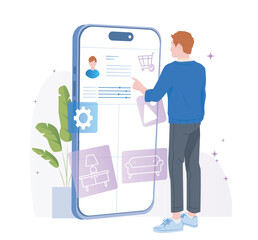 Poster - A man interacting with a giant smartphone interface showing settings, media, and shopping icons, in flat style on a white background. Concept of digital commerce. Vector illustration