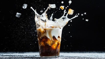 Poster - Refreshing iced coffee with dramatic milk splash frozen in time, high-speed studio shot