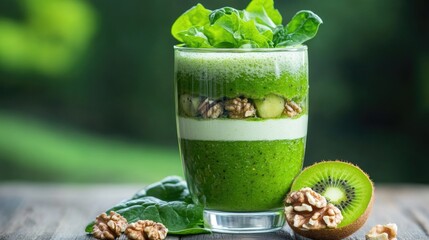 Poster - Healthy green smoothie with visible kiwi, spinach, and walnut layers in clear glass, vibrant nutrition