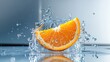 © Natchooda - Fresh orange slice captured mid-splash in clear water, high-resolution studio photo with crisp detail