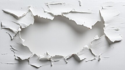 Poster - Close-up of white textured paper with torn hole and frayed edges, artistic handmade craft surface