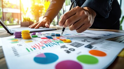Poster - Businessman studying market graphs for strategic planning, corporate data insights in focus