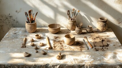 Aufkleber - Artistic clay sculpting studio with brown clay, tools, and natural light on textured table