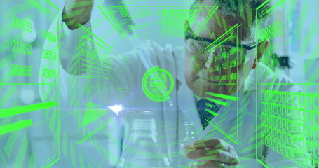 Poster - Scientist wearing lab coat, goggles conducting experiment in lab with holographic panels, glassware