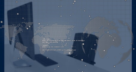 Poster - Displaying closed laptop and monitor on desk in office, with floating code and world map overlays