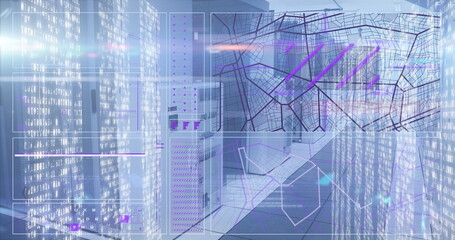 Poster - Showing digital UI panels overlaying server room, with LED racks, switch panels, map, code charts