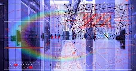Poster - Displaying server rack cabinets projecting network topology overlays in narrow data center aisle