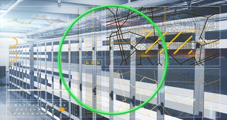 Poster - Displaying server racks showing digital network overlay in data center, highlighting connectivity