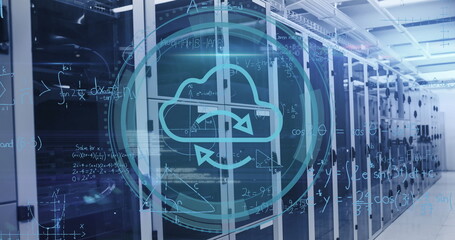 Poster - Showing translucent cloud computing icon floating above data center corridor, lined by server racks