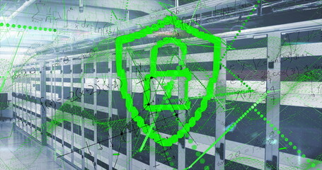 Poster - Shielding green digital shield icon protecting data in secure data center, with server racks