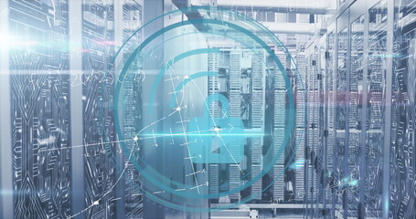 Poster - Displaying digital padlock icon overlaying IT room aisle with patch cables and circuit overlays