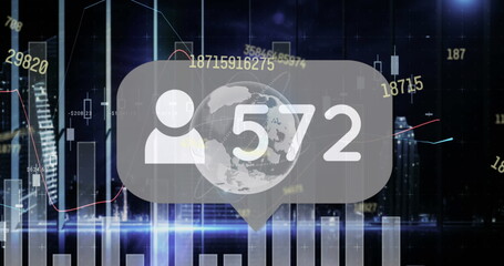 Poster - Floating speech-bubble overlay featuring avatar, globe, 572 label over chart-filled dashboard
