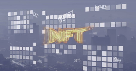 Poster - Floating golden wireframe NFT hovering over skyline at dusk with translucent grids and numeric data