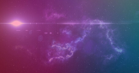 Wall Mural - Glowing purple-teal nebula cloud glimmering in space, with horizontal lens flare and distant stars