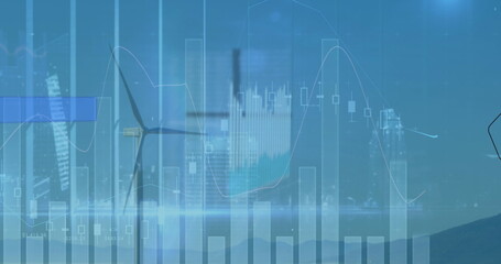 Poster - Standing wind turbine projecting blue financial data over grassy hill overlooking city skyline