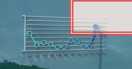 Poster - 3D line chart floating on dashboard, with month markers, candlestick overlay and red signboard