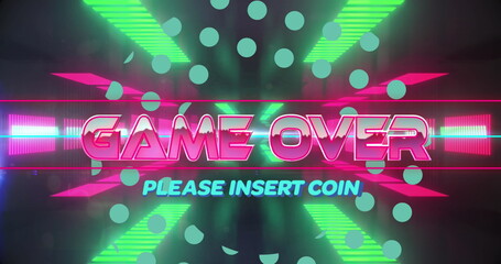 Poster - Displaying neon pink GAME OVER and cyan PLEASE INSERT COIN on retro arcade screen, light beams
