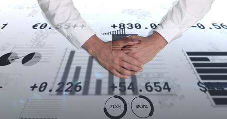 Poster - Hovering businessman clasping hands displaying bar charts, pie gauges and Euro data in office