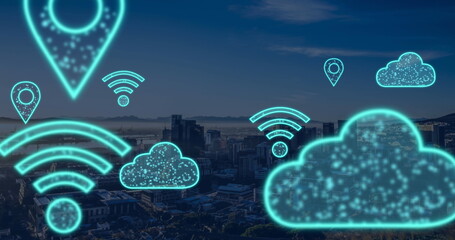 Poster - Glowing stylized cloud icon drifting over skyline at dusk, with wifi and location pins, copy space