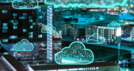 Poster - Displaying glowing blue cloud cluster hovering above nighttime city skyline, with cyan waveform