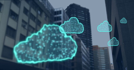 Poster - Neon-blue holographic cloud icons drifting among towers in downtown district, computing theme