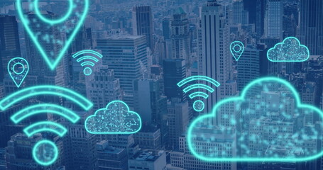 Poster - Glowing neon-blue network symbols floating above city rooftops, with cloud, Wi-Fi and location pins