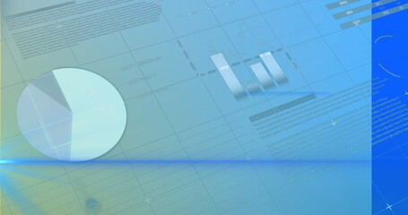 Poster - Rendering dashboard on teal backdrop: pie chart, 3D bars, fragments, grid lines, copy space