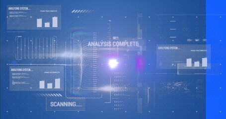 Poster - Holographic data interface displaying charts and status text labels in console, with glowing flare
