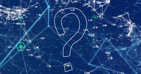 Fototapete - Displaying white question mark in network with lines linking nodes, numbers and green hexagons
