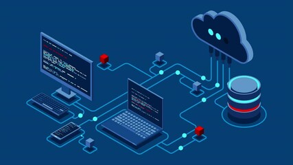 Fototapete - Cloud technology computing animation. Modern cloud technology. Data center isometric concept. Isometric cloud technology with datacenter. Web hosting concept. 4K video animated in isometric style