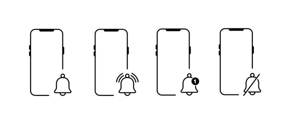 Poster - Notification smartphone icon set. Mobile phone with bell sign symbol