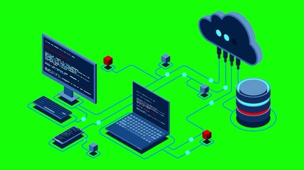 Fototapete - Cloud technology computing animation. Modern cloud technology. Data center isometric concept. Isometric cloud technology with datacenter. Web hosting concept. 4K video animated in isometric style