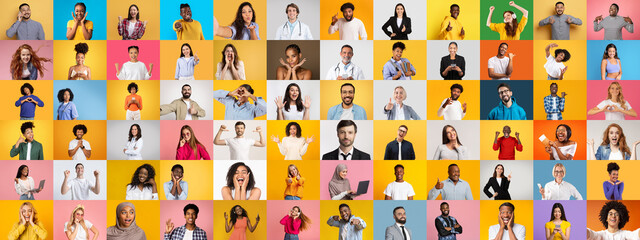 Poster - A vibrant collage features a diverse group of individuals showcasing various joyful expressions. Each portrait reflects unique lifestyles and cultural backgrounds, highlighting unity in diversity.