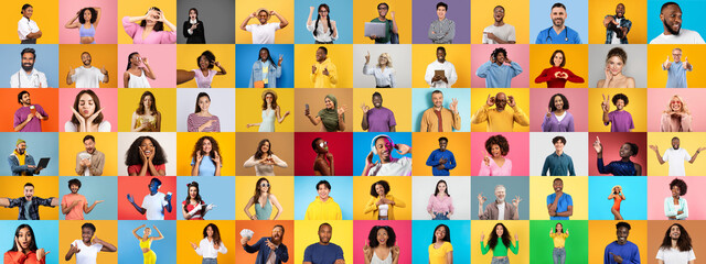 Poster - A vibrant collage featuring a diverse group of individuals showcasing various expressions and gestures. The multiracial faces highlight uniqueness in a lively, colorful setting.