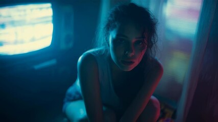 Poster - Cinematic portrait of a young woman crouching in a dark room illuminated by neon lights, an old television screen glowing in the background