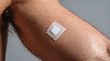 Glucose monitoring patch on skin close-up view
