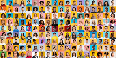 Poster - A vibrant collection of diverse individuals' faces highlights the beauty of diversity. Each portrait reflects unique stories, lifestyles, and backgrounds, celebrating global unity.