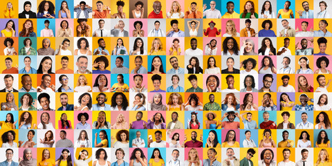 Poster - This collage showcases a vibrant collection of faces from various backgrounds, highlighting different expressions and emotions that convey joy, unity, and diversity in lifestyle.
