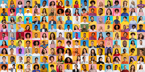 Poster - A vibrant collage displays a diverse array of individuals from various backgrounds. Each portrait highlights unique faces and expressions, capturing the essence of global lifestyle and culture.