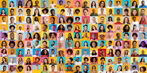 Poster - A vibrant collage captures the essence of diverse individuals from various backgrounds. Each person radiates joy and individuality, showcasing a rich tapestry of humanity in a colorful setting.